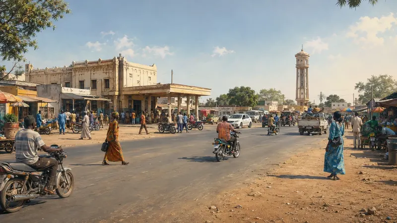 Une rue animée de Bambey, avec ses commerces et son château d'eau
