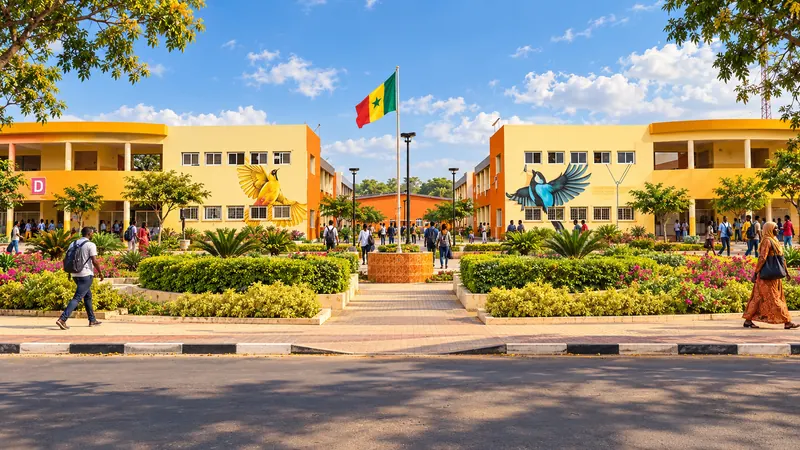 Le campus de l'université de Bambey, avec le drapeau du Sénégal et des étudiants