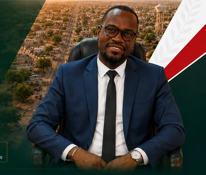 Abdou Diop en costume devant une vue aérienne de Bambey